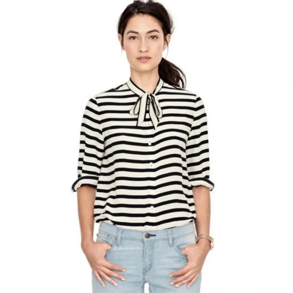 Fossil 100% Silk Striped Tie Neck Blouse Cream Black XS